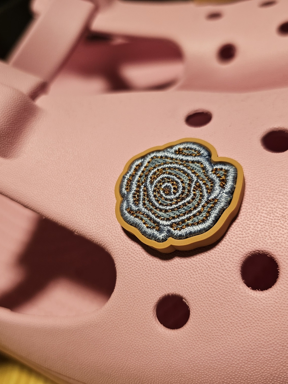 Two Retired Rose Petal Embroidered Crocs Jibbitz - Light Blue & Tan